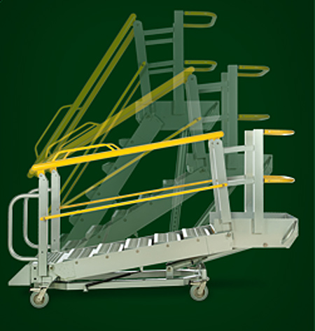 Adjustable height work platform has self-leveling stairs and deck that adjust to correct angle automatically